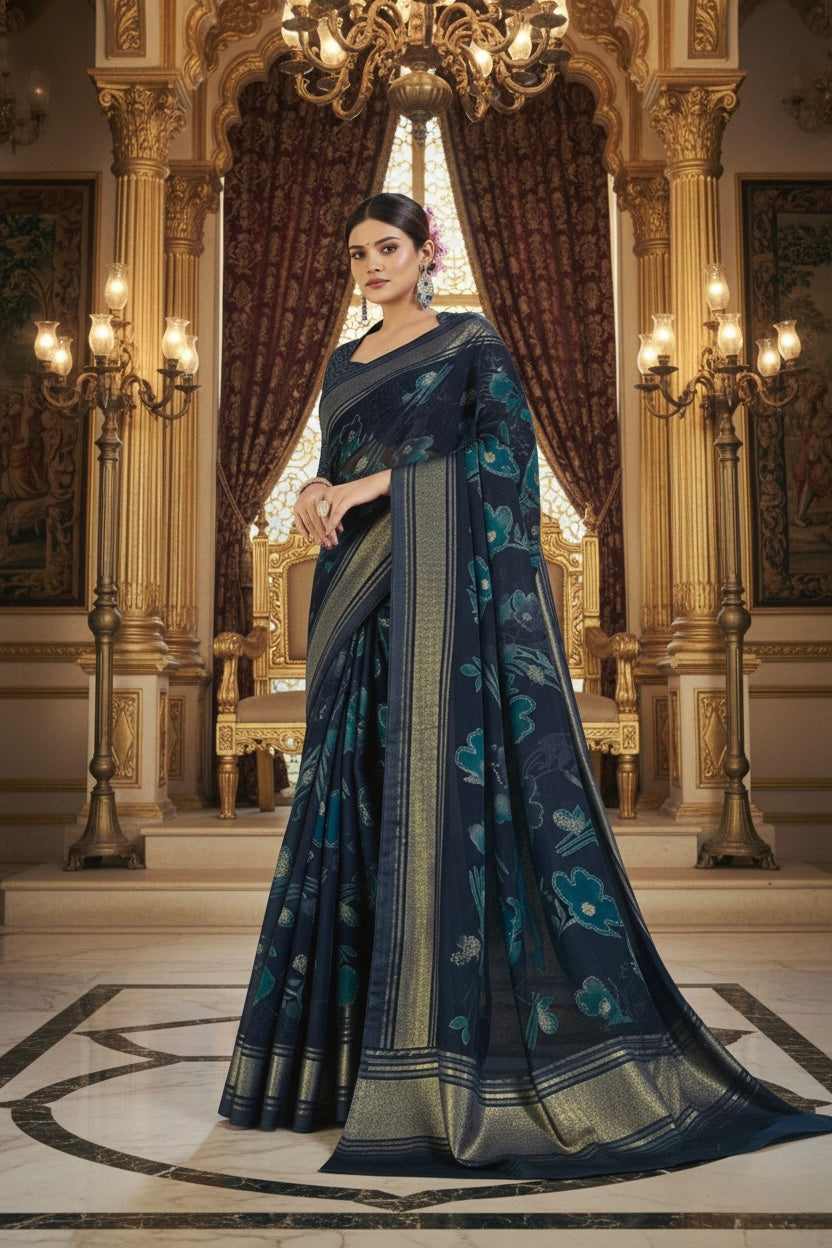 Midnight Blue Banarasi Silk Saree with Intricate Zari & Floral Weave