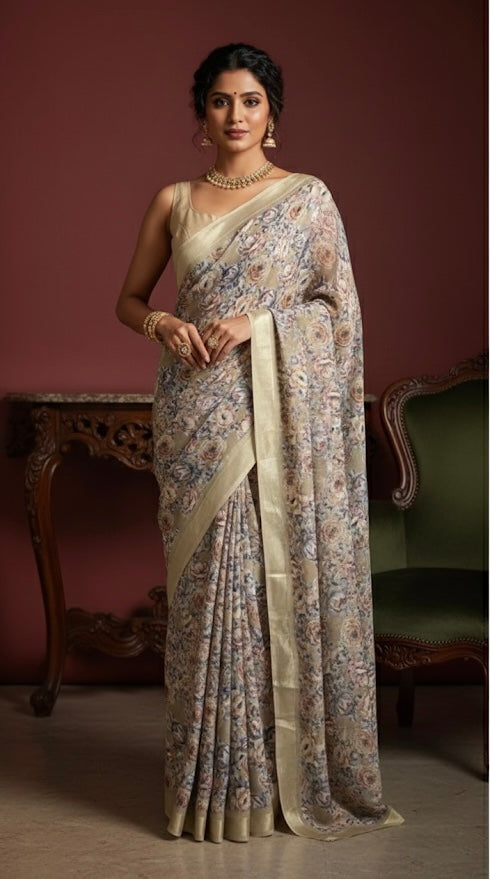 Beige Saree with Pastel Floral Prints & Subtle Golden Border