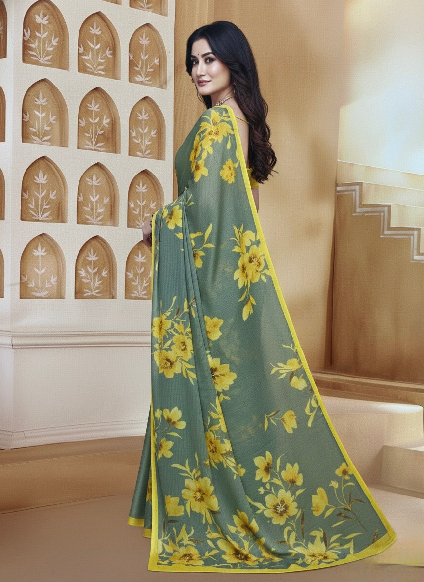 Sunlit Olive Floral Saree – Graceful Daywear with Bold Blooms