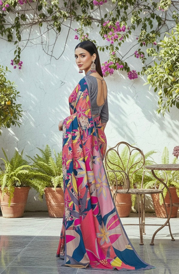 Tropical Muse Satin Saree – Bold Florals, Luxe Feel