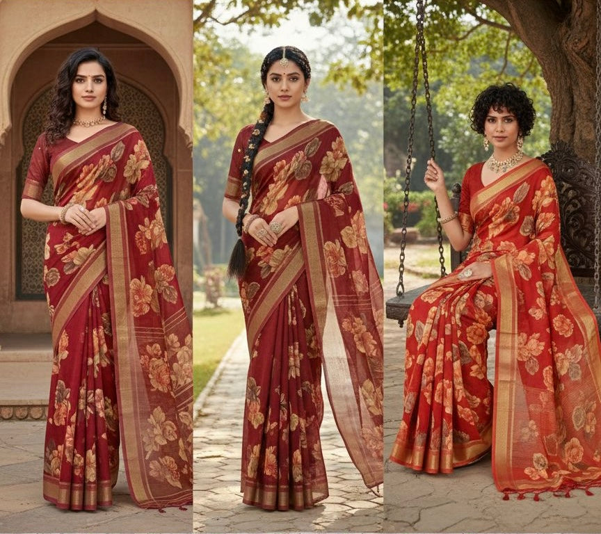 Floral Printed Silk-Blend Saree with Contrast Woven Border