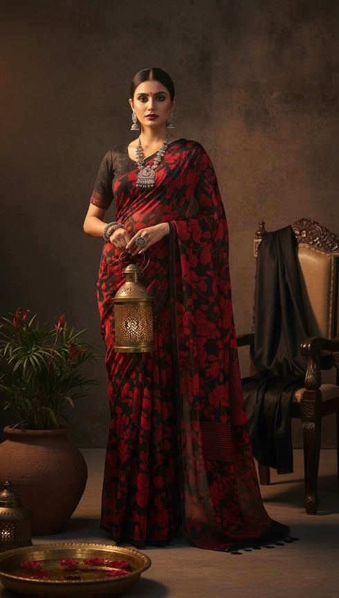 Black Saree with Striking Red Floral Prints