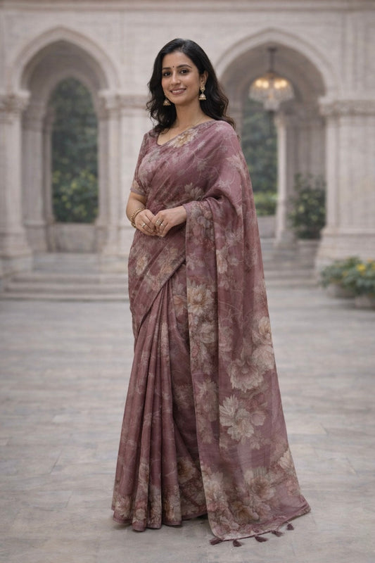 Organza Satin Saree with Digital Floral Print