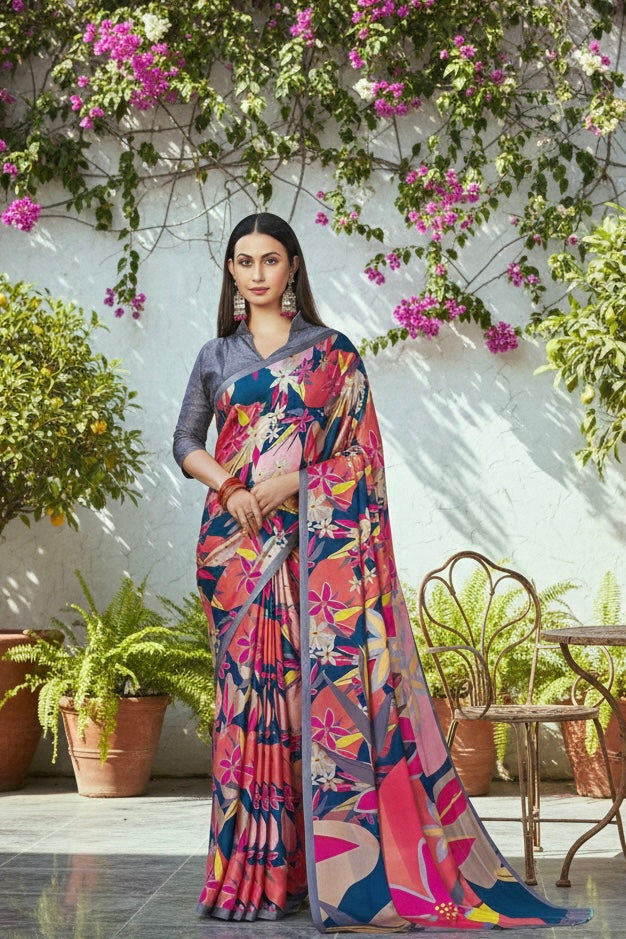 Tropical Muse Satin Saree – Bold Florals, Luxe Feel