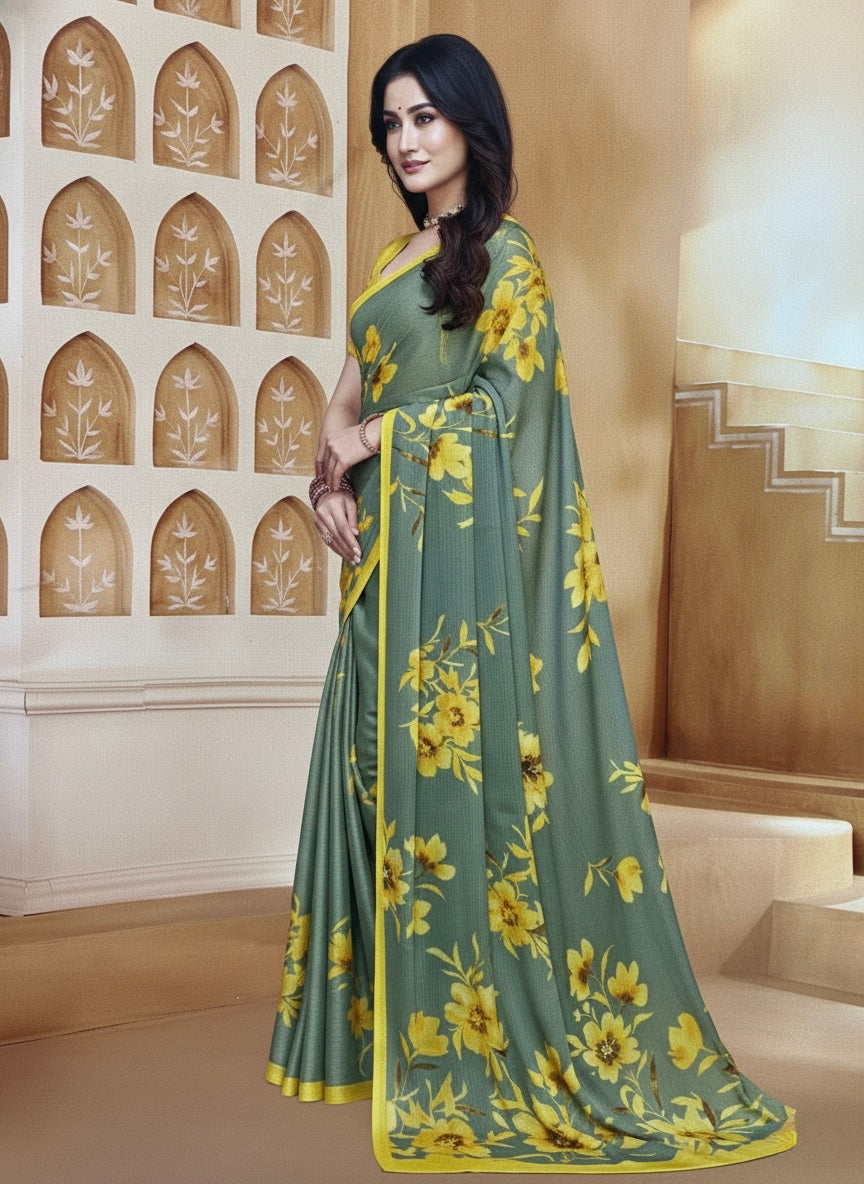 Sunlit Olive Floral Saree – Graceful Daywear with Bold Blooms