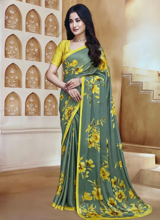 Sunlit Olive Floral Saree – Graceful Daywear with Bold Blooms