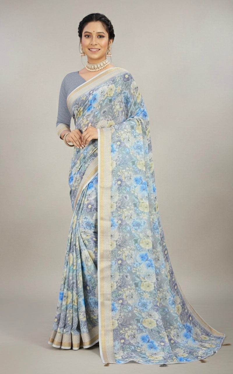 Frosted Bloom Linen-Blend Saree with Soft Gold Border