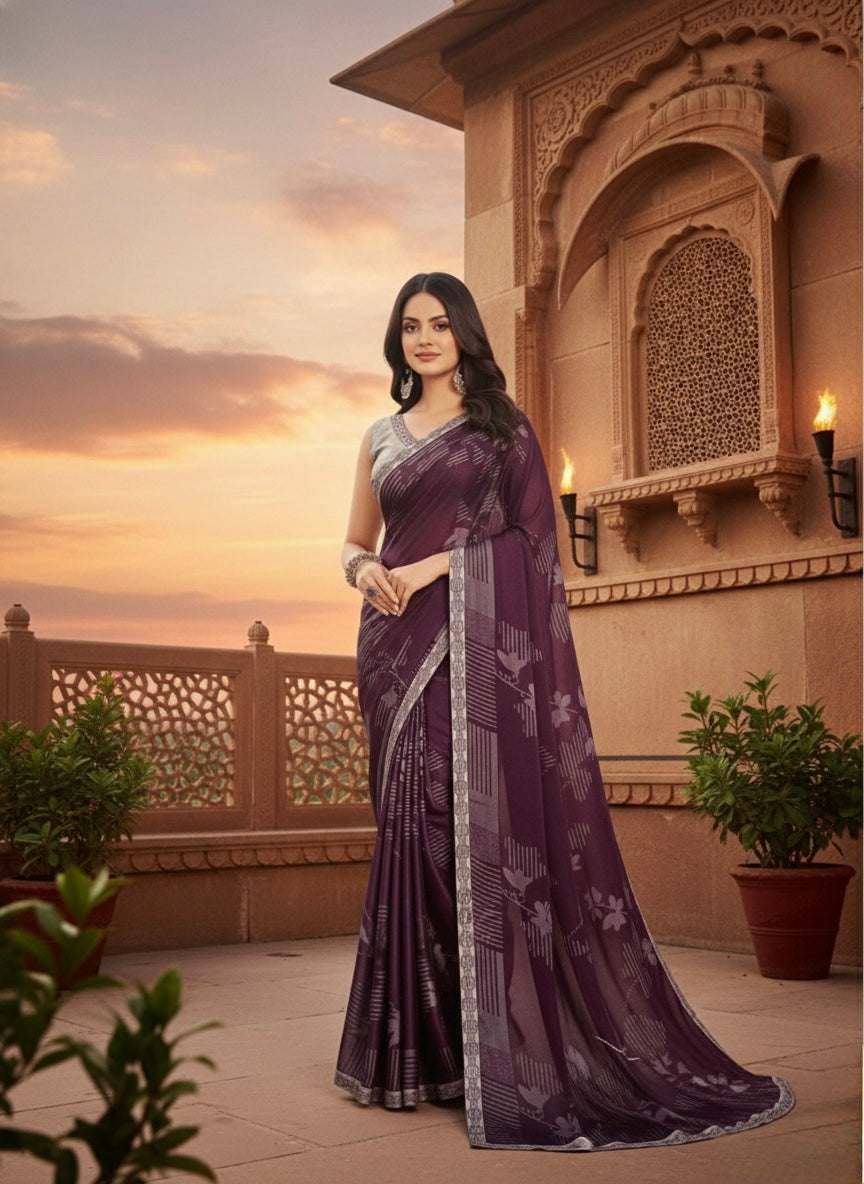 Elegant Plum Satin Saree with Silver Floral Accents