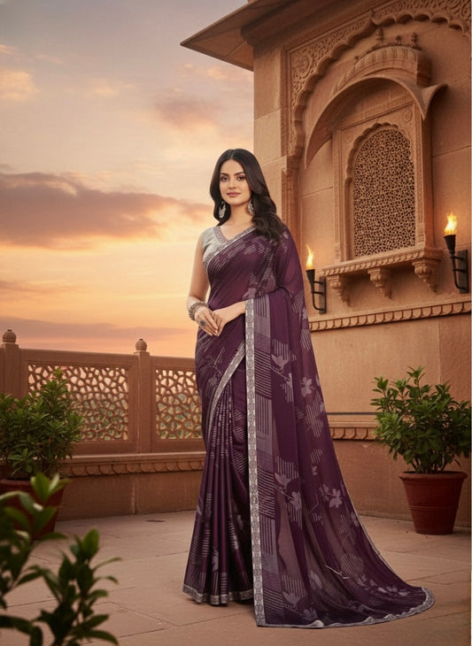 Elegant Plum Satin Saree with Silver Floral Accents