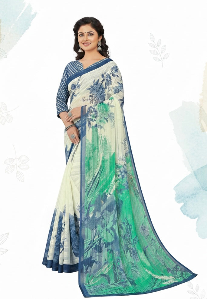 White & Blue Chiffon Saree with Floral Print and Contrast Printed Blouse