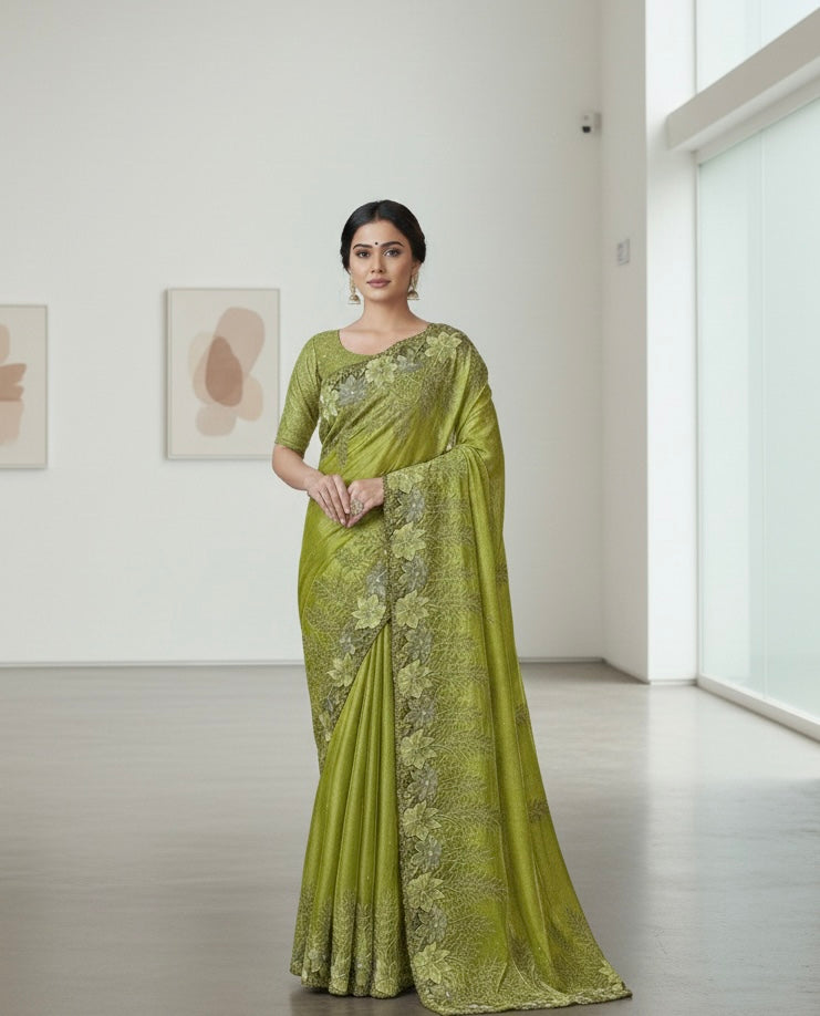 Olive Green Floral Embroidered Saree with Scalloped Border
