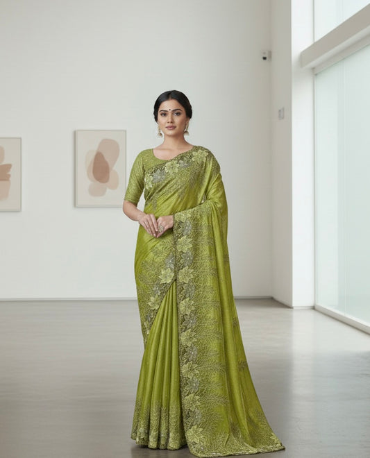 Olive Green Floral Embroidered Saree with Scalloped Border