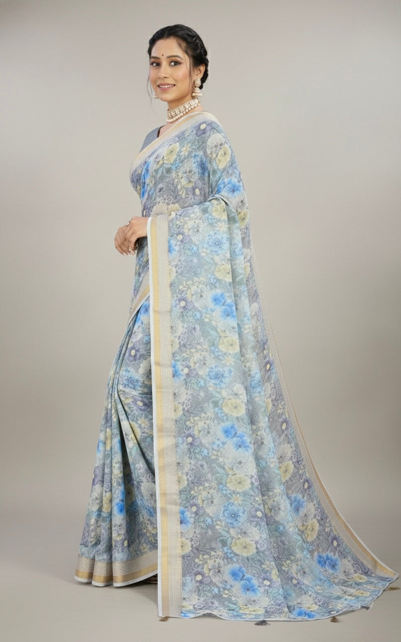 Frosted Bloom Linen-Blend Saree with Soft Gold Border