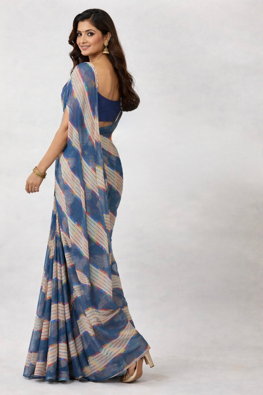 Grey Synthetic Lehriya Saree