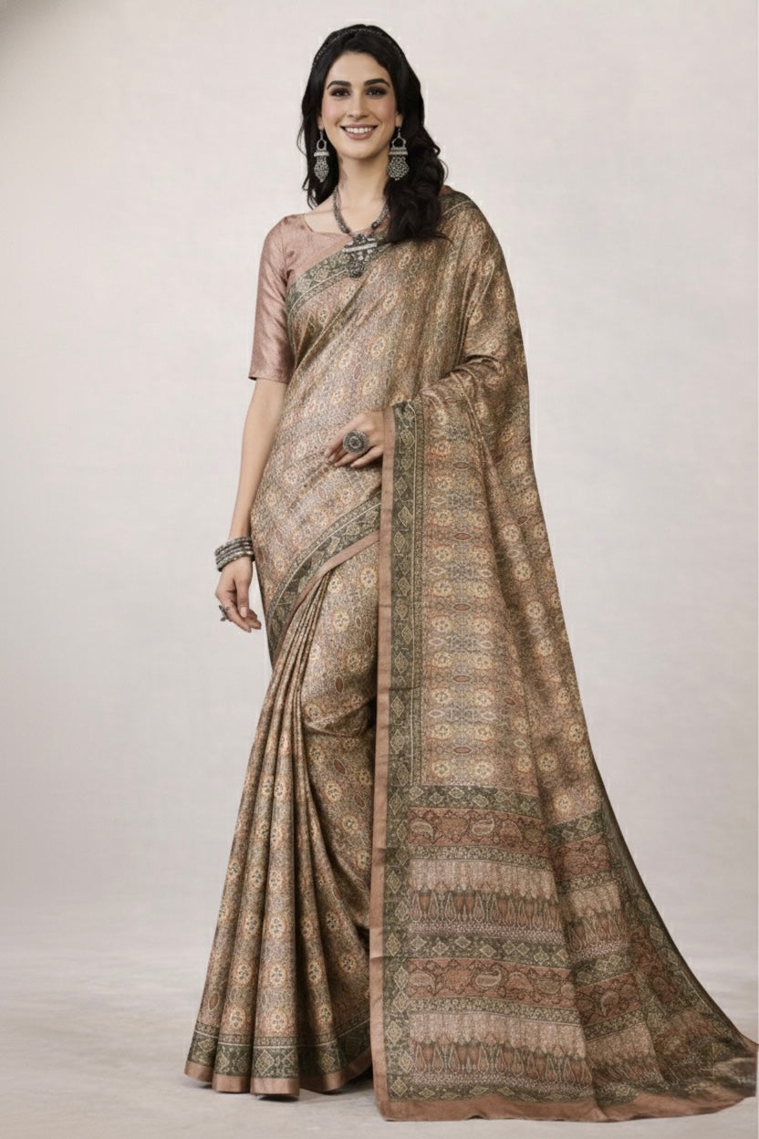 Elegant Rose Gold Banarasi Silk Saree with Antique Motifs