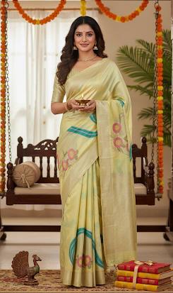 Floral Weave Soft Silk Saree with Tassels