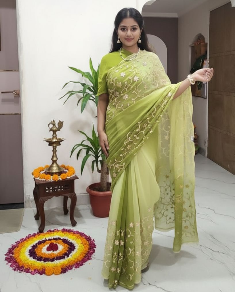 Embroidered Organza Saree – Lime Green