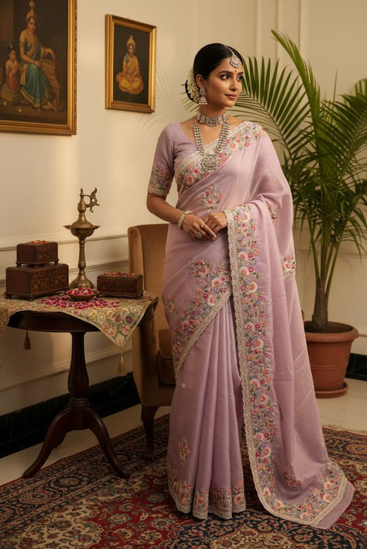 Lavender Organza Saree with Multicolor Thread & Sequin Embroidery