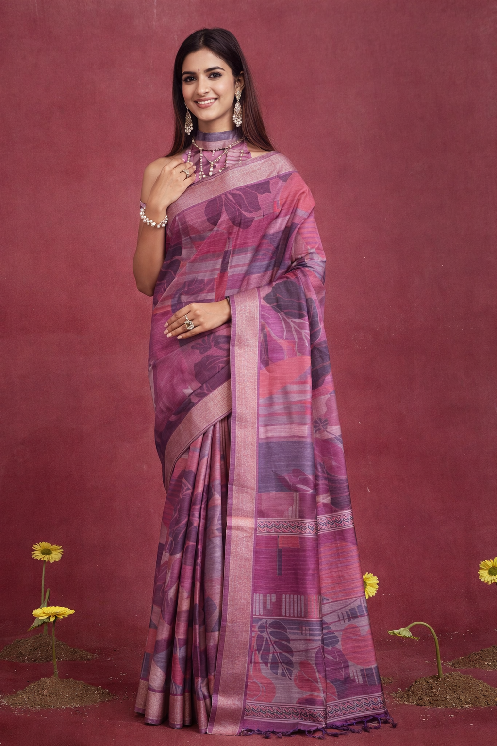 Brown Floral Print Saree