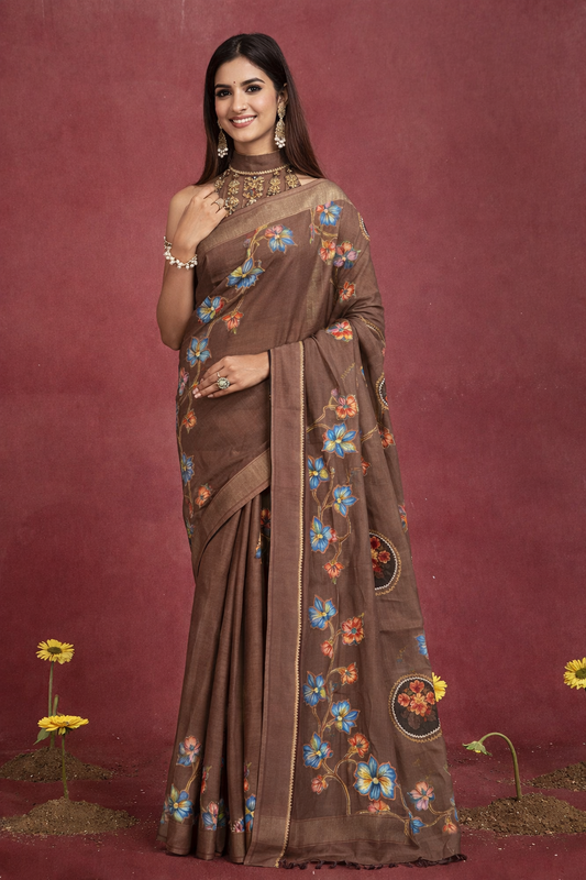 Coffee Brown Saree with Floral Digital Print