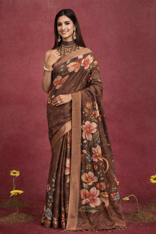 Chocolate Brown Saree with Oversized Floral Motifs