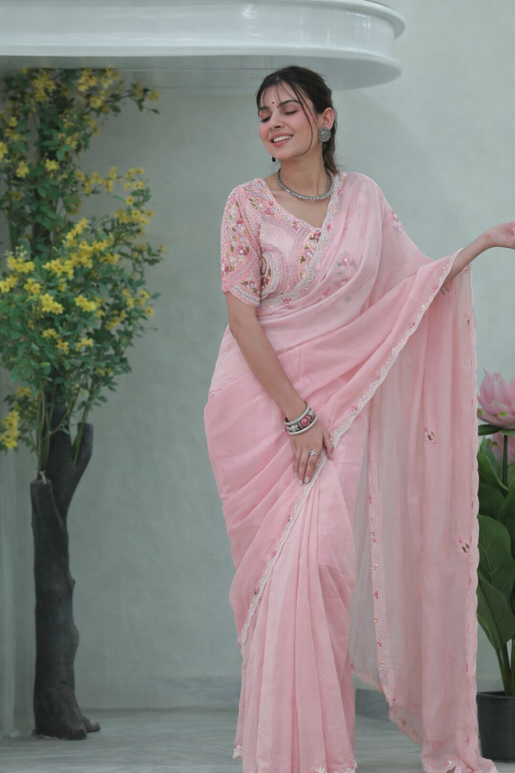 Haldi Bloom Chiffon Saree with Gota Appliqué & Pearl Detailing