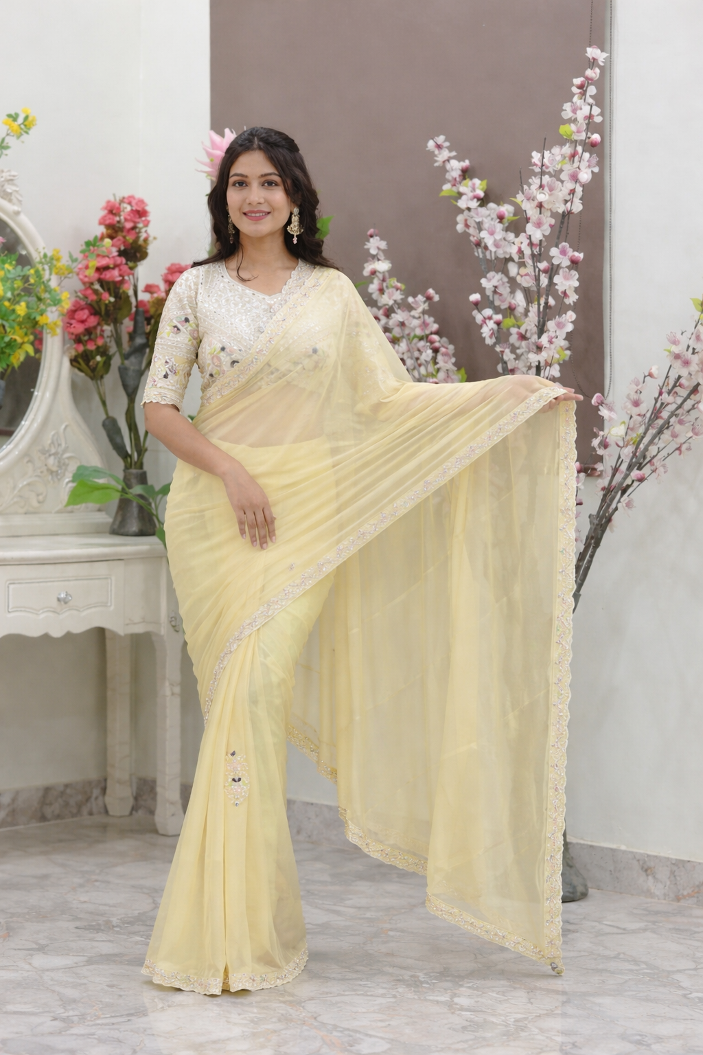 Blush Pink Satin Saree with Scalloped Sequin Border & Heavily Embellished Blouse