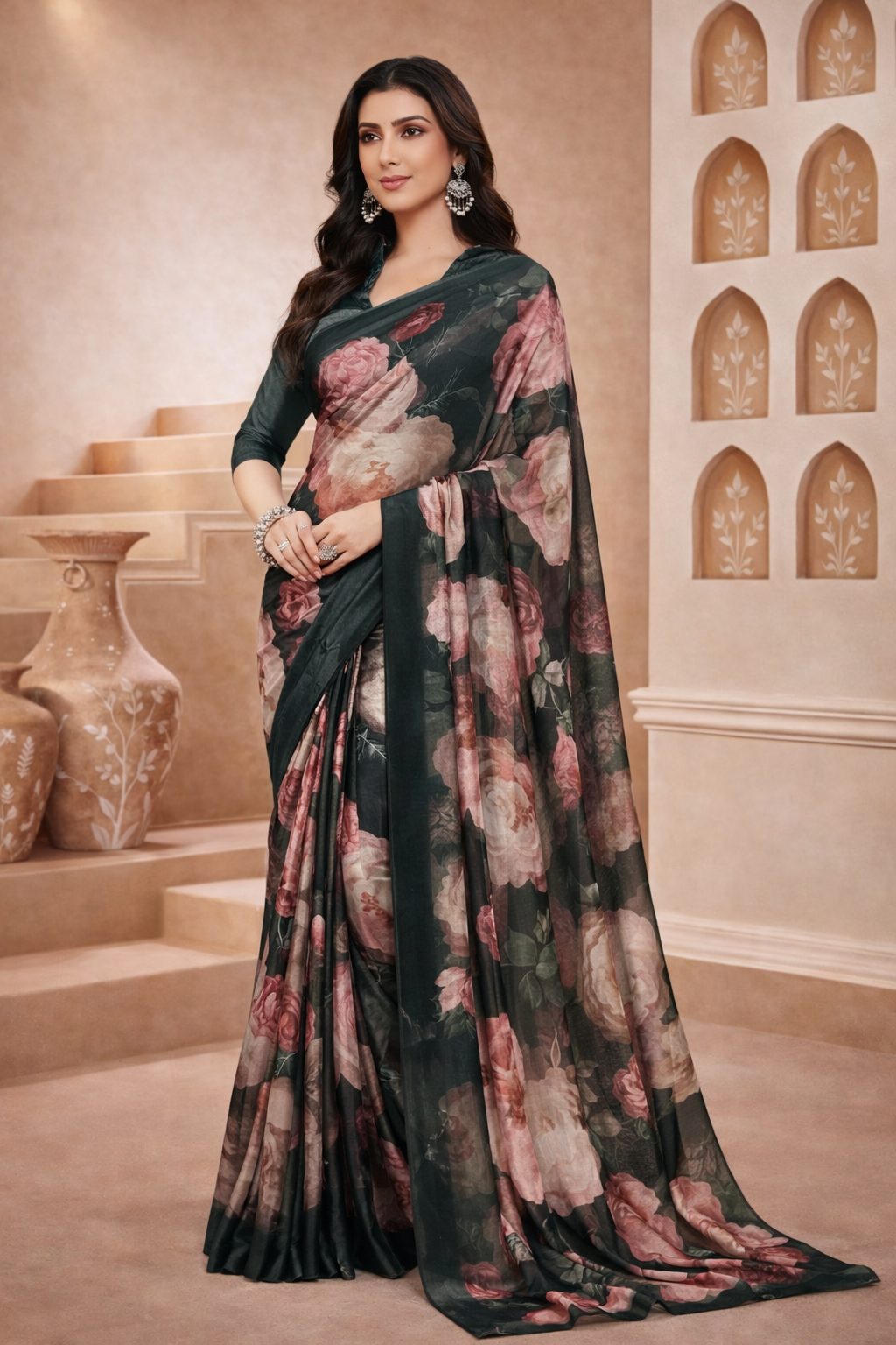 Charcoal Black Floral Printed Satin Saree