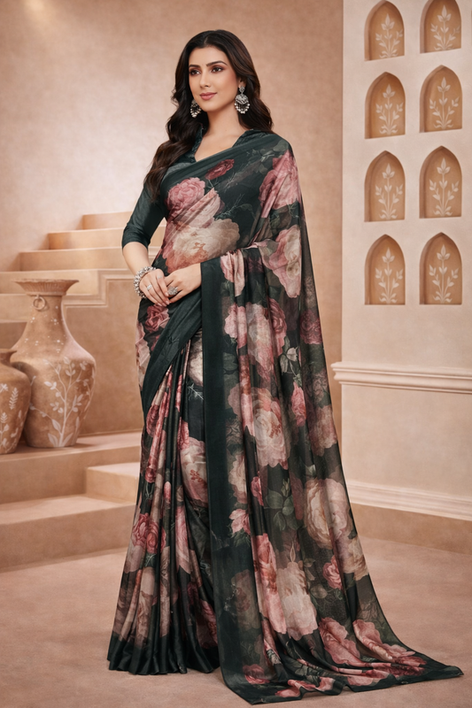 Charcoal Black Floral Printed Satin Saree