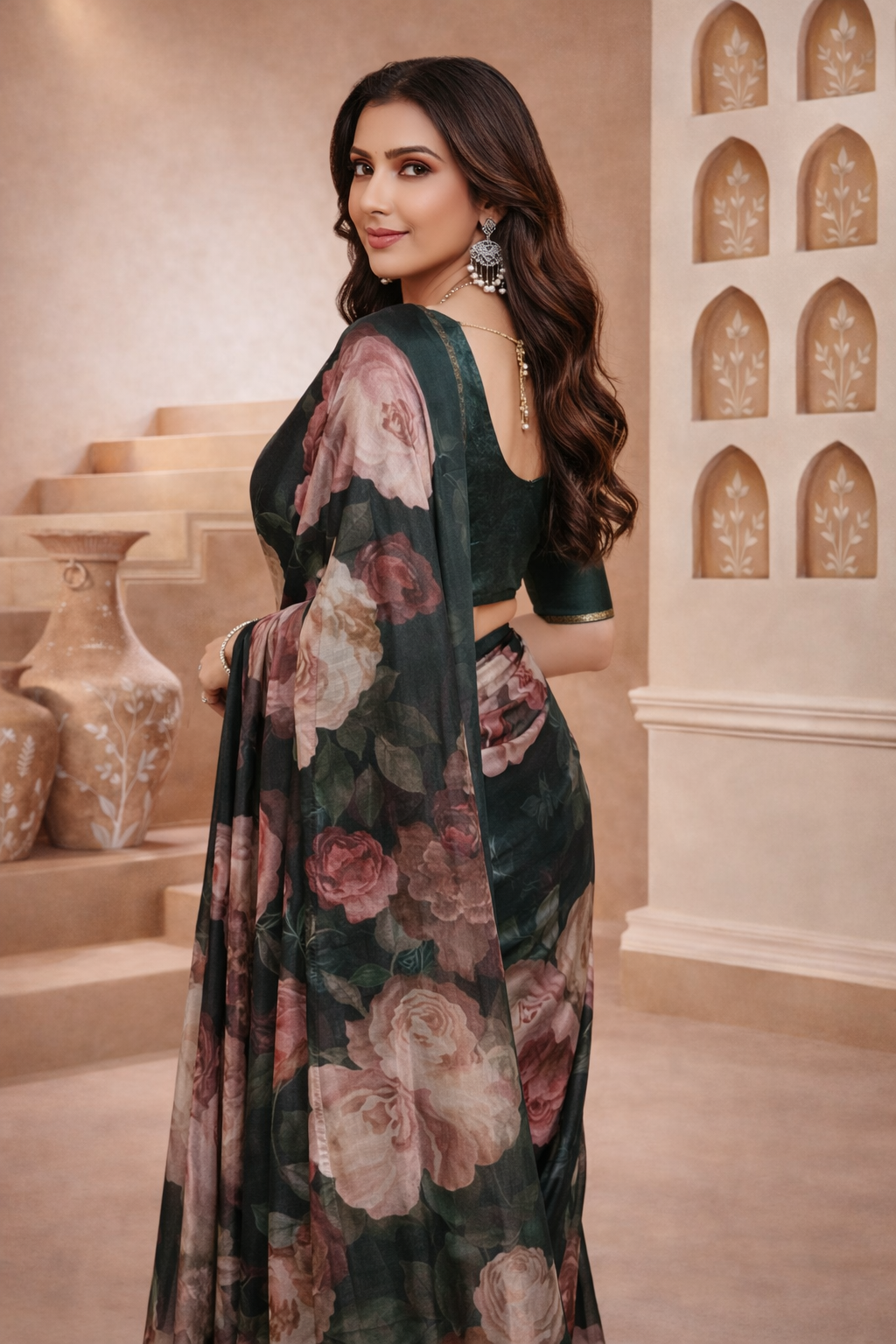 Charcoal Black Floral Printed Satin Saree