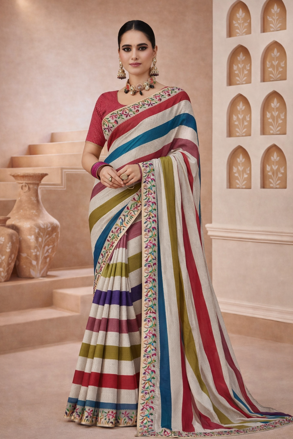Ivory Multicolor Lehriya Cotton Linen Saree with Embroidered Border