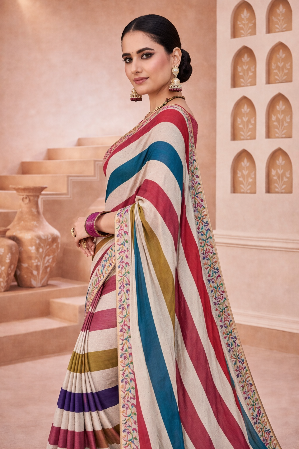 Ivory Multicolor Lehriya Cotton Linen Saree with Embroidered Border