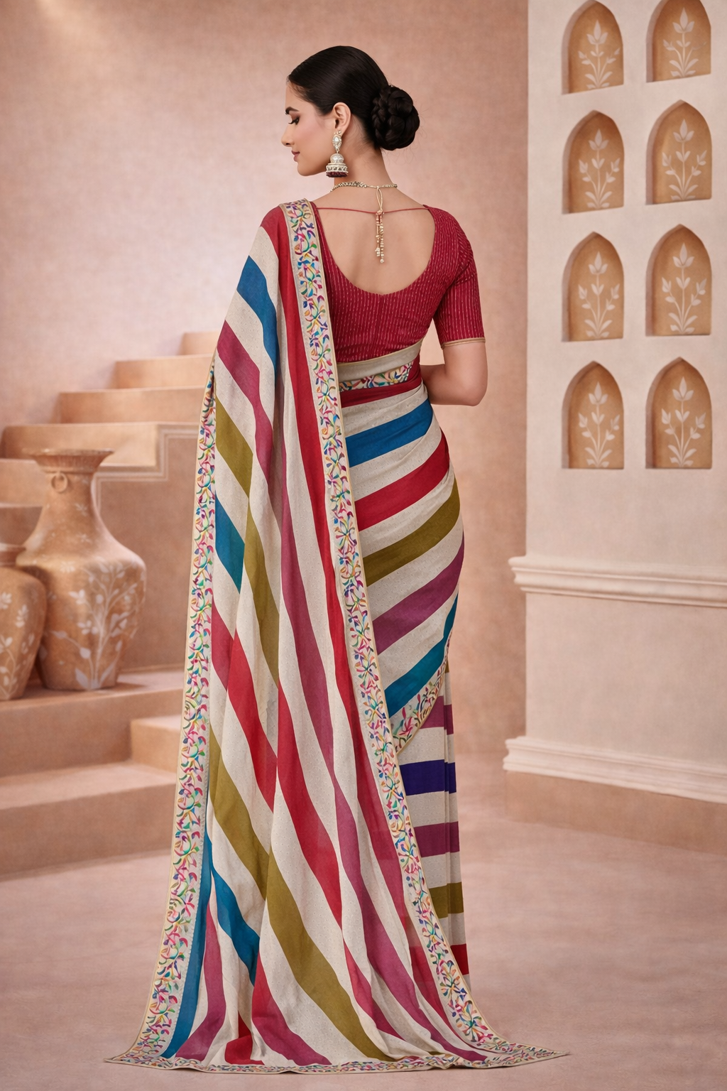 Ivory Multicolor Lehriya Cotton Linen Saree with Embroidered Border
