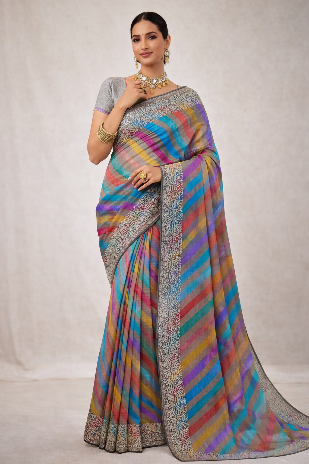 Multicolor Pastel Lehriya Organza Saree with Zari Border