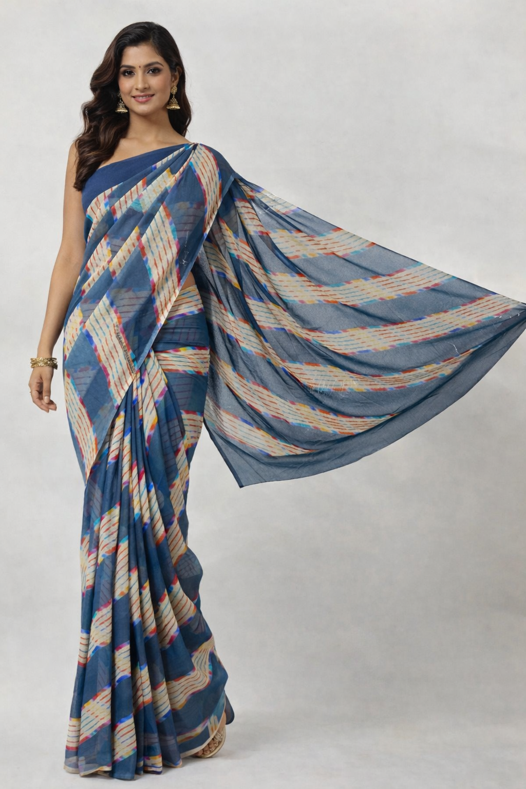 Grey Synthetic Lehriya Saree