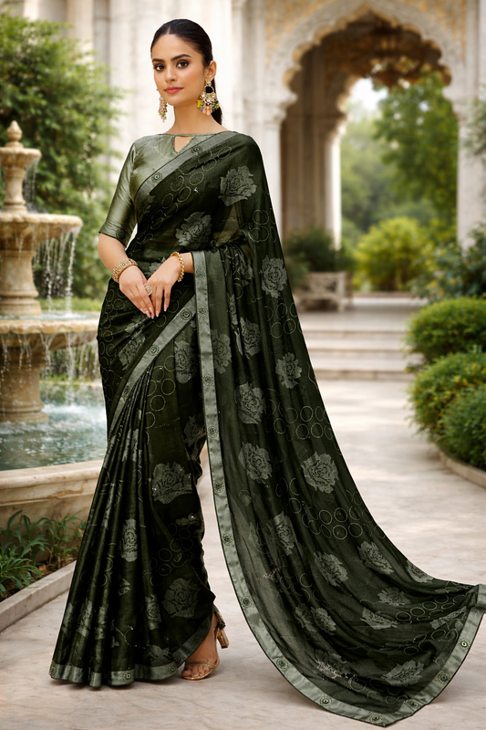Emerald Noir Floral Saree with Subtle Sheen