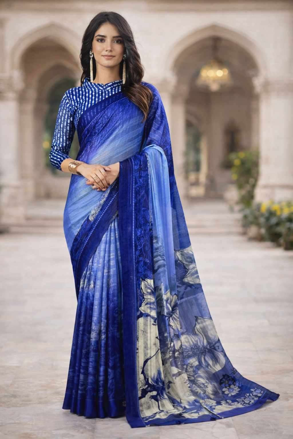 Elegant Navy Blue Saree with Ombre Effect and Floral Accents