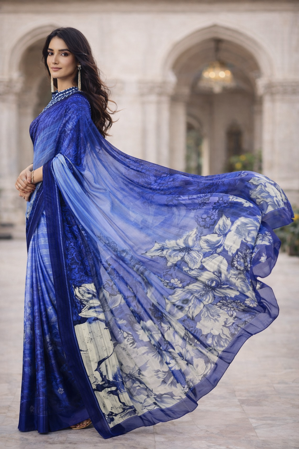 Elegant Navy Blue Saree with Ombre Effect and Floral Accents