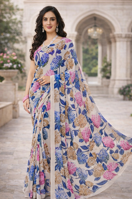 Cream Floral Saree