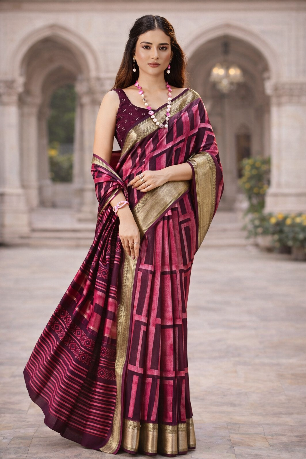 Contemporary Wine-Pink Saree with Golden Zari Border