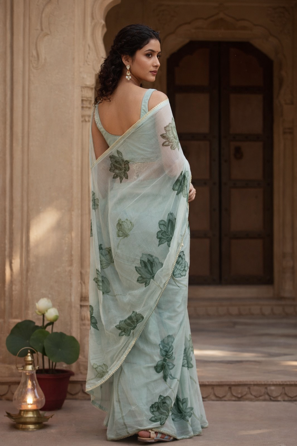 Seafoam Green Organza Saree with Lotus Motifs