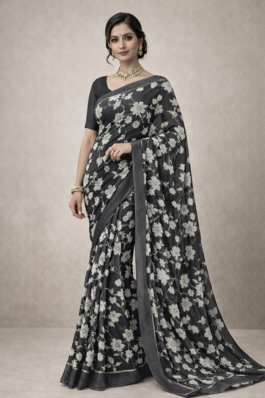 Floral Elegance Printed Saree with Solid Border