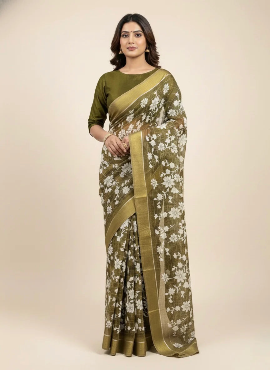 Floral Elegance Printed Saree with Solid Border