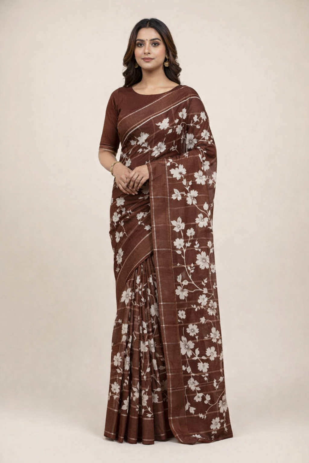 Floral Elegance Printed Saree with Solid Border