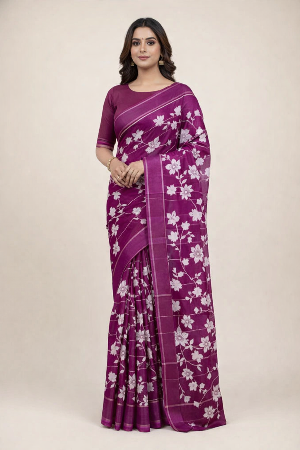Floral Elegance Printed Saree with Solid Border